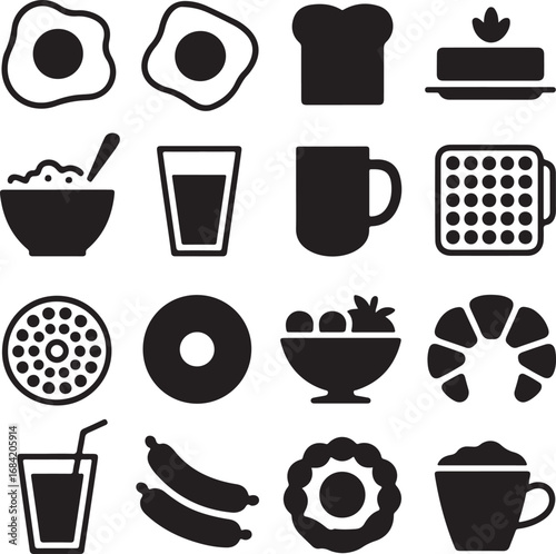 Breakfast food icons fried egg toast porridge juice croissant donut banana vector illustration