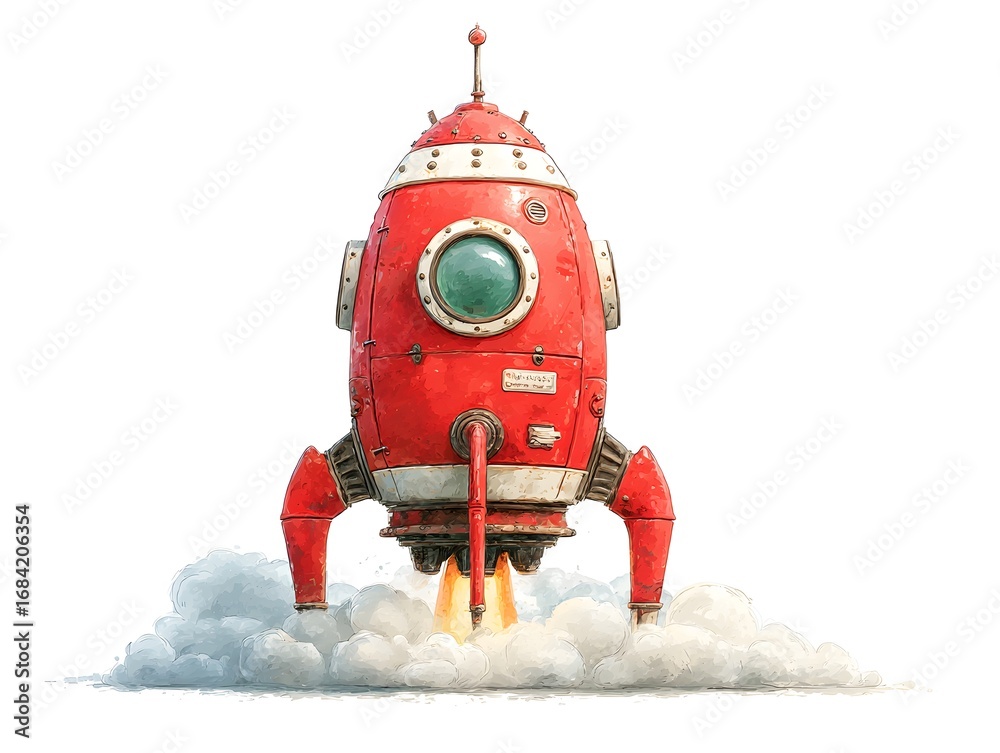 Fototapeta premium A vibrant red retro rocket ship with silver accents blasts off leaving a trail of fluffy white smoke below.