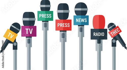 Microphones representing various media outlets for news reporting and interviews.