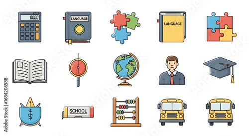 Illustration of school supplies and educational elements set