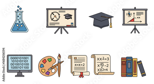 Education themed icons including science art and mathematics