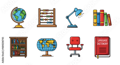 Illustration of study room elements with globe and abacus set