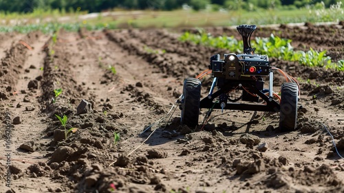 Soil detection robot with a compact gray and green body, moving across farmland or garden soil to analyze moisture, nutrient levels, and pH balance, equipped with soil-sampling probes and a digital di