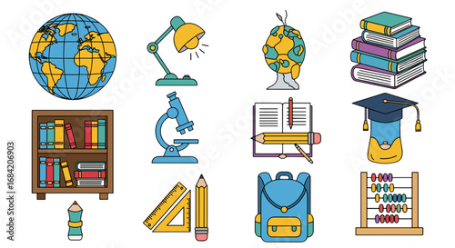 Illustration of various school and educational supplies items