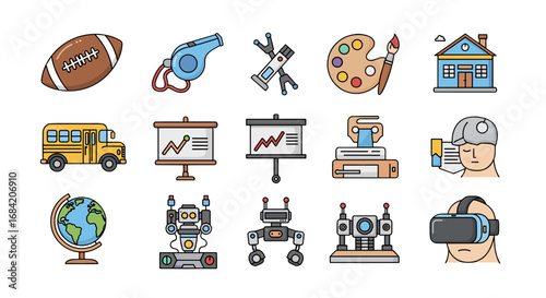Collection of school related items and technology icons set