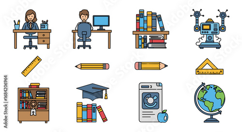 Illustration of school supplies and educational elements set