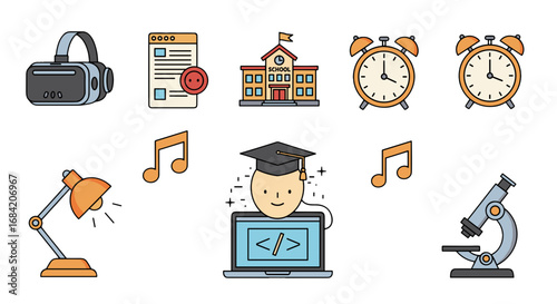 Illustration of educational icons and learning accessories