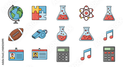 Illustration of school supplies and educational equipment items