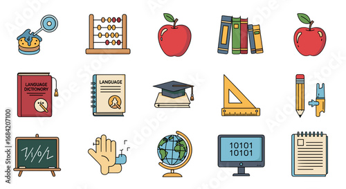 Illustration of various educational and learning materials