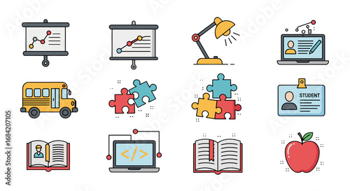 Illustration of school and education related objects icons set