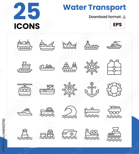 Water Transport Icon Set: 50 Nautical Vector Icons for Ships, Boats & Marine Travel in Clean Outline Style