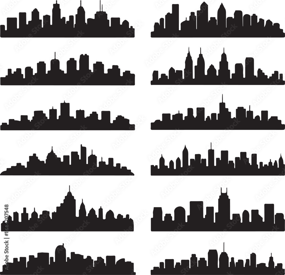 Fototapeta premium Diverse collection of black city skyline silhouettes on white background urban architecture