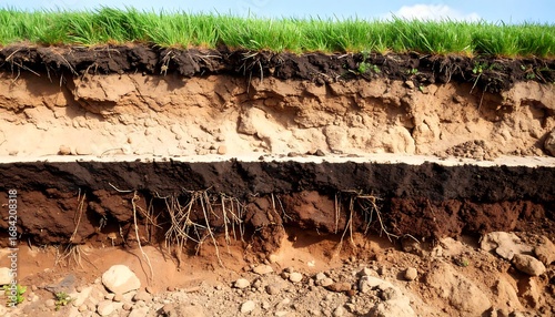 Cross-section of soil layers with grass
