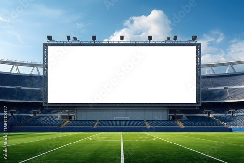 Grand stadium view showcasing a colossal blank billboard against a vibrant sky backdrop