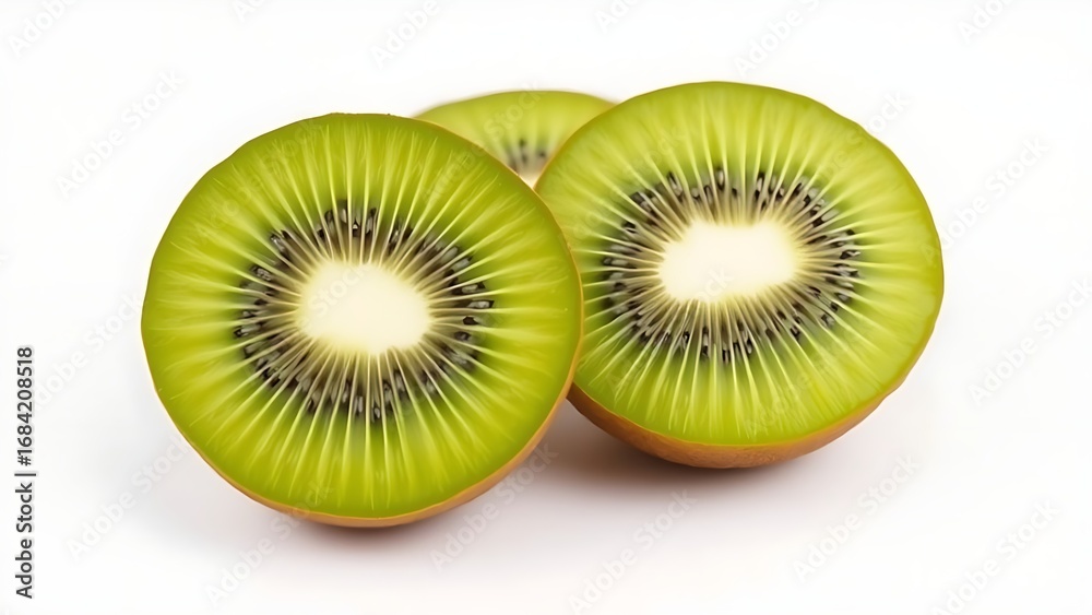 Fototapeta premium Fresh kiwi fruit cut in halves on a white background in clean food presentation.