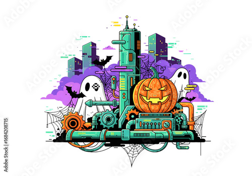 Y2K Industrial Halloween Cityscape Orange Teal PNG on Transparent Background