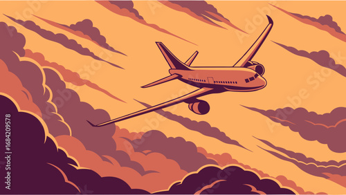 Airplane flying above clouds sunset sky travel vector illustration air transport journey aviation flight aircraft cloudscape airliner altitude airplane design graphic design commercial flight passeng.