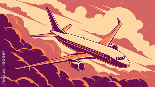 Airplane flying above the clouds air travel transportation vector illustration vintage style graphic design.