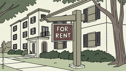 Apartment building for rent residential rental property house for lease real estate illustration building exterior urban dwelling rental sign property advertisement home for rent apartment complex mu.