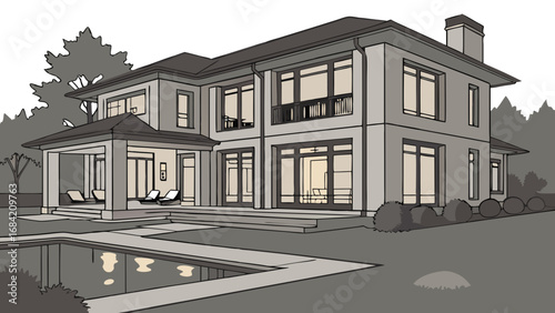 Architectural Drawing of a Modern House with Pool and Patio.