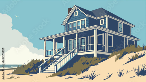 Beach House Illustration Coastal Home Design Summer Vacation Ocean View Seaside Cottage Two Story House Porch Stairs Sand Dunes Graphic Design Illustration Vector Art Holiday Home Summer Scene Coasta.