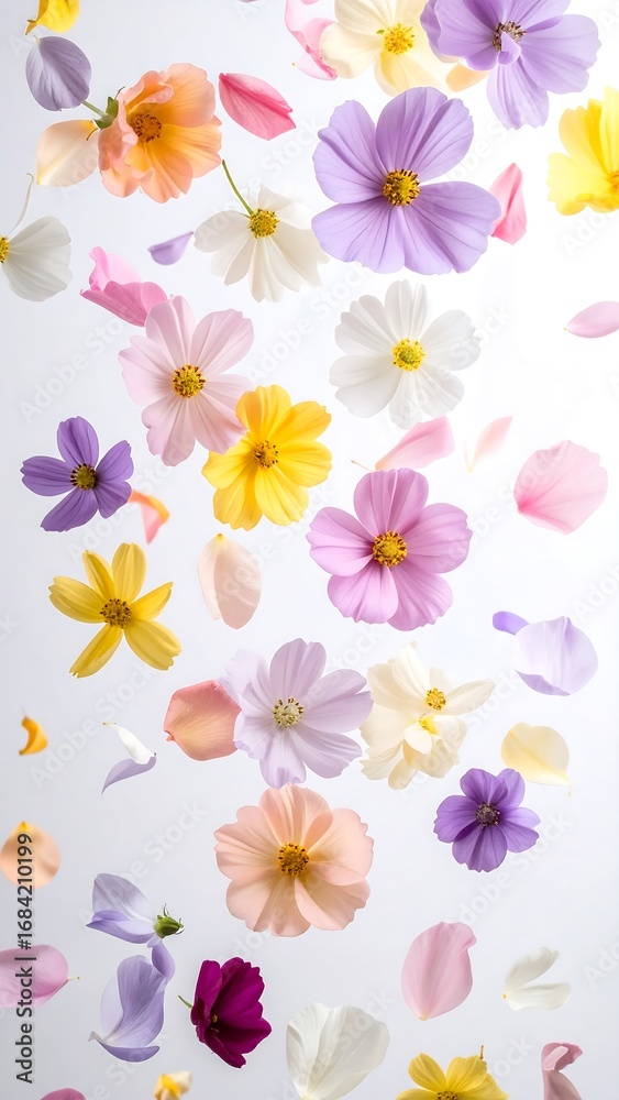 Fototapeta premium A vibrant array of colorful cosmos flowers and petals floats gracefully against a light background, showcasing a delicate and cheerful springtime aesthetic.