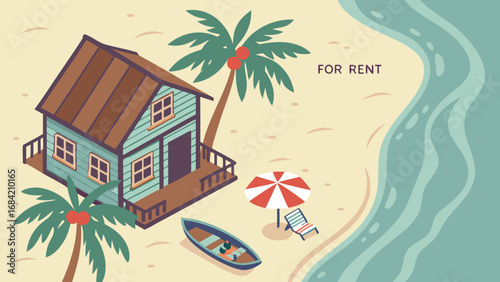 Beach House Rental Tropical Vacation Ocean View Summer Getaway Coastal Home Island Paradise Seaside Cottage Holiday Accommodation Relaxing Retreat Palm Trees Boat Umbrella Beach Chair Sandy Shore Wat.
