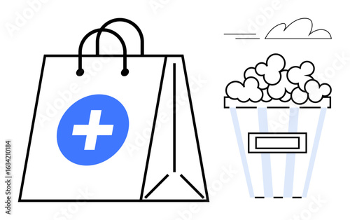 Shopping bag with medical cross icon and striped popcorn bucket filled with popcorn next to clouds. Ideal for shopping, healthcare, leisure, cinema, snacks, convenience, minimalism. Simple flat