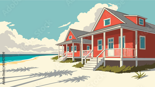 Beach houses on the coast summer vacation ocean view tropical getaway seaside cottages coastal home holiday retreat idyllic scene tranquil setting seaside paradise summer vibes beach illustration coa.