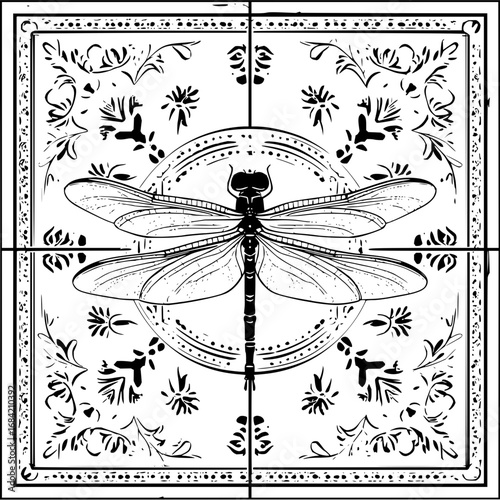 Detailed dragonfly illustration on a decorative tile with floral and geometric elements around it