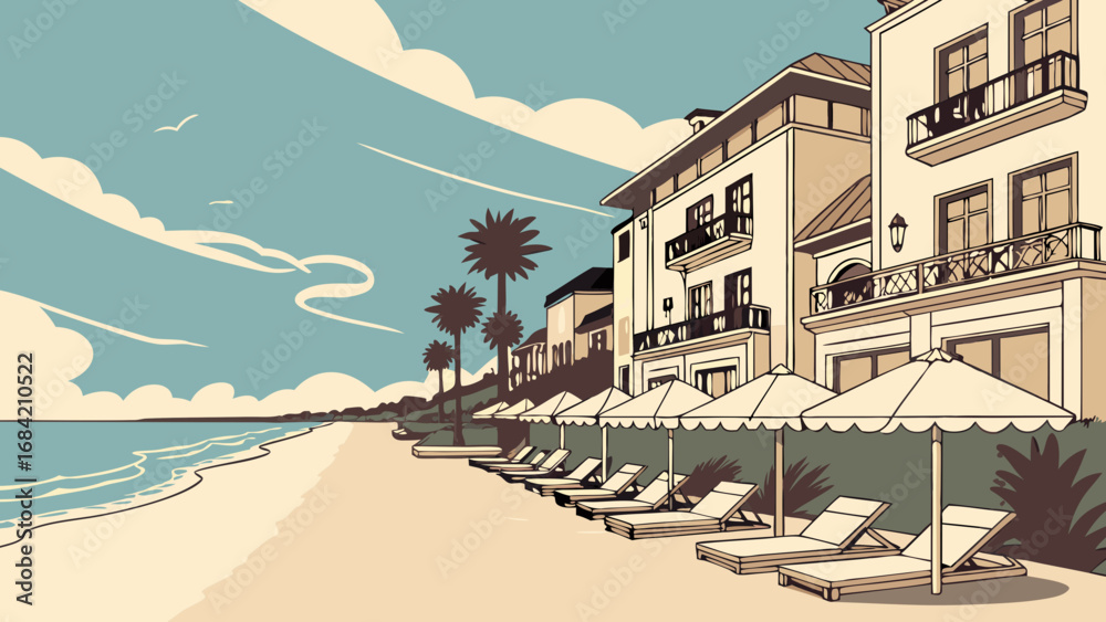 Obraz premium Beachfront Resort Illustration Tropical Vacation Summer Holiday Coastal Scene Ocean View Relaxing Getaway Seaside Paradise Summertime Travel Holiday Vacation Paradise Mediterranean Style Beach Umbrel.