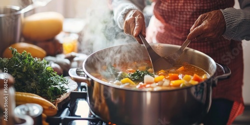 A grandmother stirring a large pot of soup with a family member helping