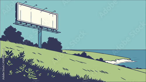 Blank Billboard on Coastal Hillside Advertising Mockup Ocean View Illustration.