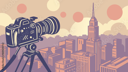 Camera on tripod overlooking a cityscape with stylized buildings and pastel sky.