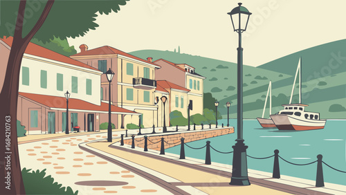 Charming Coastal Town Street Scene with Boats and Mediterranean Architecture.