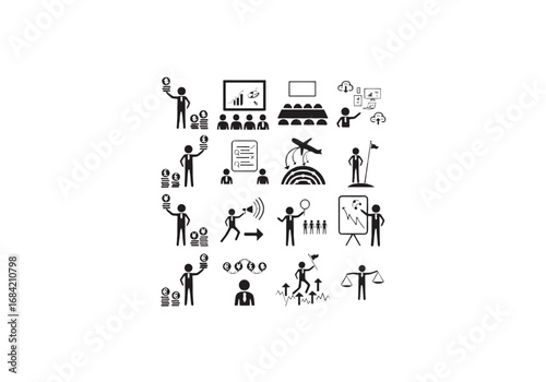 Business management people icon set black png on transparent background