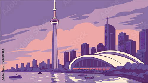 Cityscape at Dusk Modern Architecture Waterfront View Tall Buildings Boats Purple and Pink Sky.