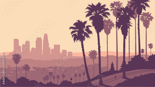 Cityscape Silhouette with Palm Trees at Sunset.