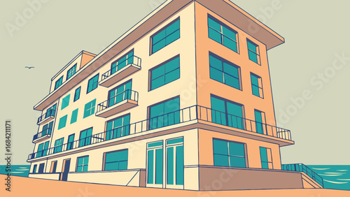 Coastal Apartment Building Ocean View Modern Architecture Summer Vacation Seaside Property Illustration.