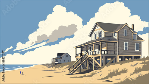 Coastal Beach House Scene Ocean View Summer Vacation Home Illustration Sandy Beach Seaside Cottages Summer Landscape Idyllic Beachfront Property.