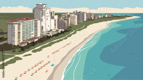Coastal Beachfront Resort High-Rise Buildings Aerial View Summer Vacation Illustration.