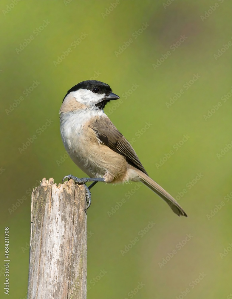 Naklejka premium A small, focused portrait of a Eurasian tit perched gracefully on a weathered wooden post against a soft, out-of-focus backdrop of springtime greenery.
