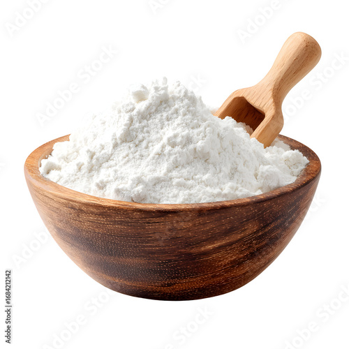 Wooden bowl filled with white flour on a black background close up view