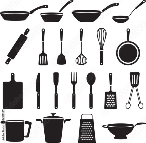 Assortment of Kitchen Utensils and Cooking Tools Icons frying pan ladle