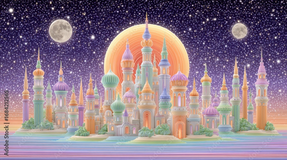 Obraz premium Whimsical Pastel Cityscape Under a Giant Orange Moon