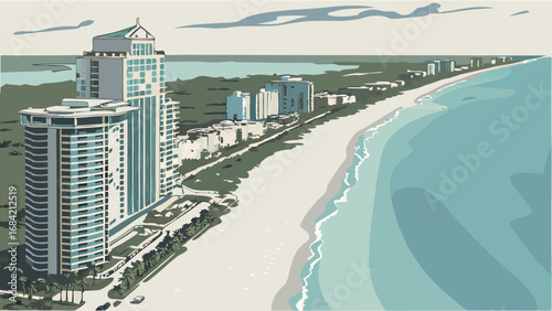 Coastal Cityscape High-Rise Buildings Ocean View Beachfront Property Summer Vacation Illustration.