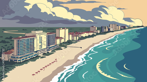 Coastal Cityscape Beachfront Hotels Ocean Waves Summer Vacation Tropical Paradise Illustration.