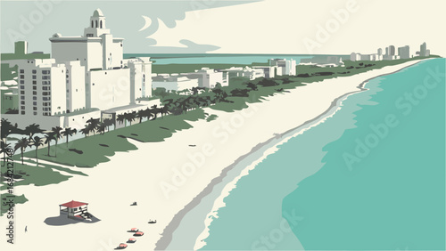 Coastal Cityscape Ocean View Beach Buildings Palms Summer Vacation Tropical Paradise Aerial View High-Rise Buildings Turquoise Water White Sand Beach Lifeguard Stand Calm Sea Sunny Day Resort Town Ho.