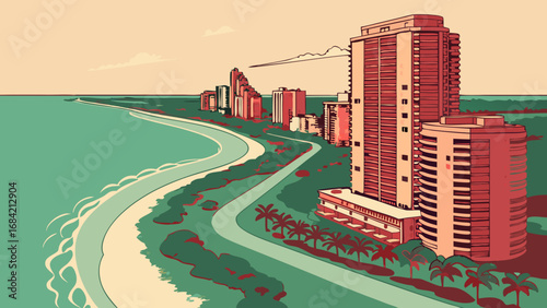 Coastal Cityscape Oceanfront Buildings Tropical Vacation Summer Beach View High-Rise Apartments Palm Trees Seaside Resort Holiday Destination Aerial Perspective Architecture Illustration Vintage Styl.