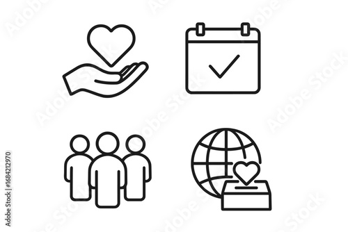 Volunteer icons collection for charity and donation. Simple line art set with concepts of community support, humanitarian aid, giving love, and social work. Vector symbols.